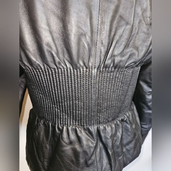 Identify Black Leather Cinched Waist Zip-Up Moto Jacket Size L - Picture 5 of 10
